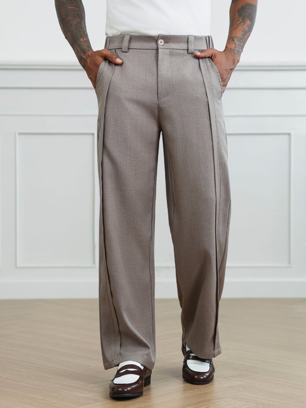 Khaki Casual Men's Wide Leg Dress Pants